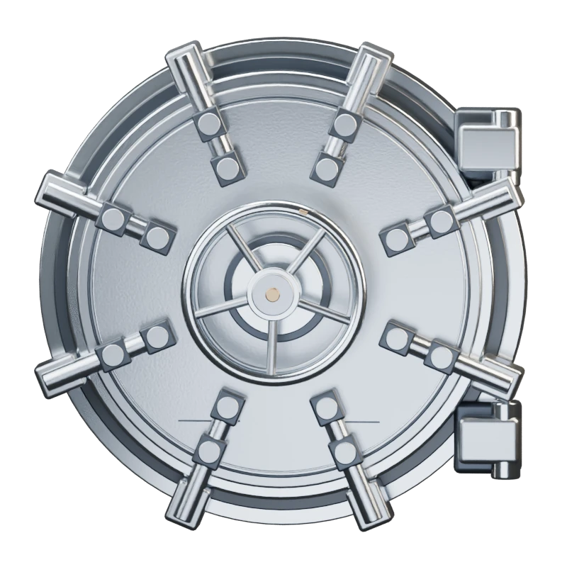 A brushed steel bank vault with a deep armoured door, polished handwheel and eight locking bolts.